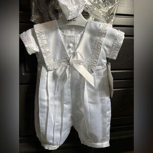 Beau Kid NWT White Baby Baptism Christening Romper Outfit with Hat 9-12 M